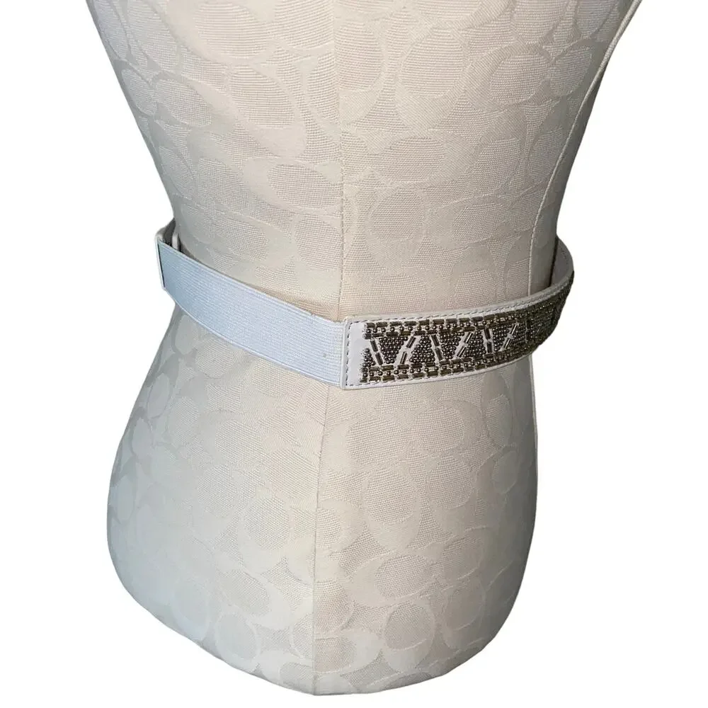 White House Black Market Beaded Studded Rhinestone snap button elastic belt sz S